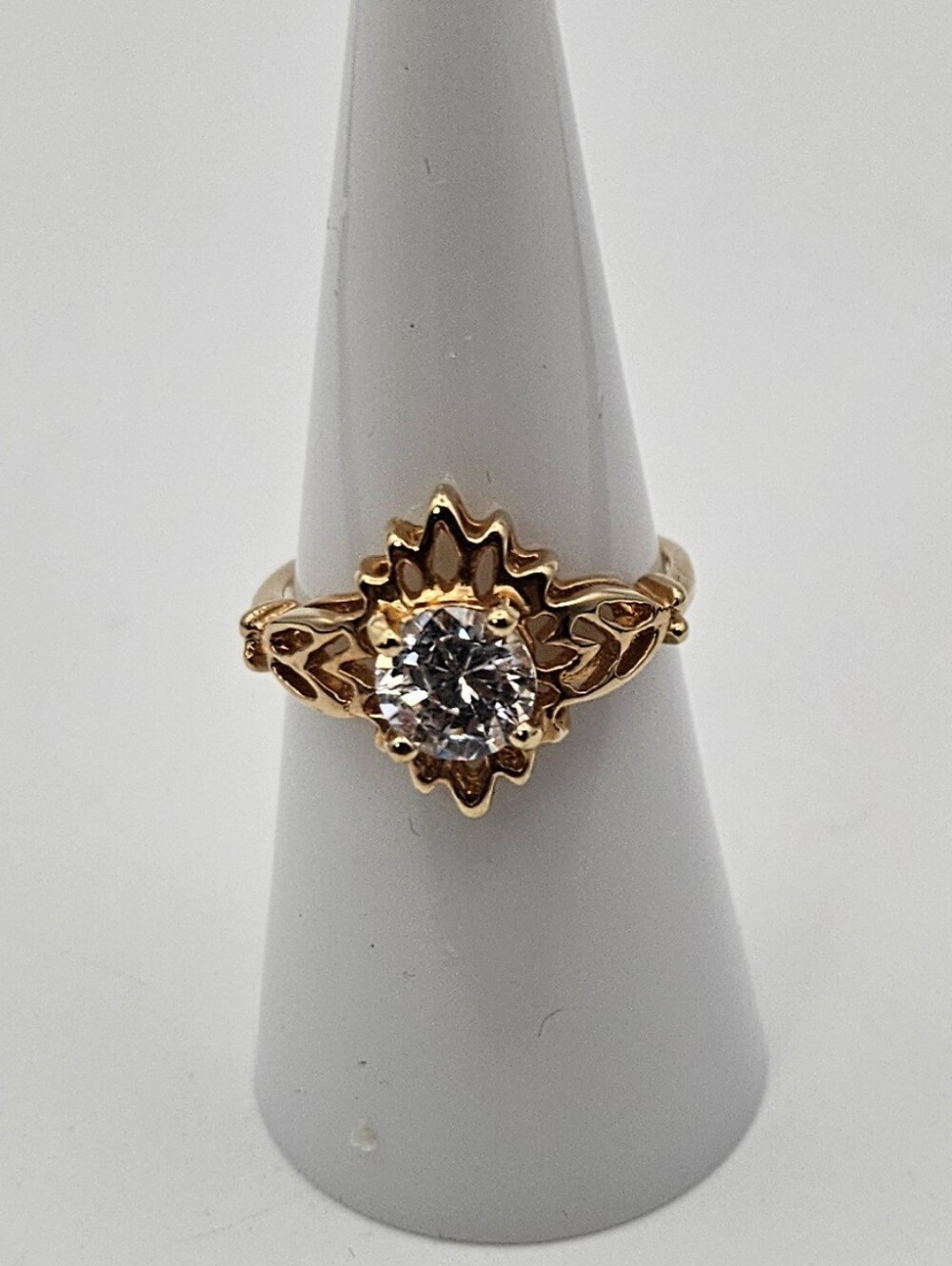 Vintage 14K HGE Clear CZ Solitaire Ring Size 6 Gold Plated Openwork Filigree